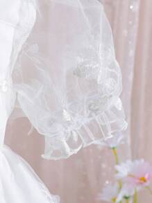 女童优雅圆领花卉贴花泡泡袖网眼蓬蓬连衣裙，春/秋