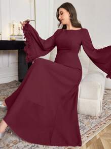Modelyn 女士优雅腰部系带长袖酒红色连衣裙 - 酒紅色 - 查看 8