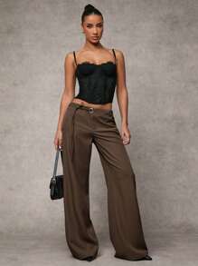 SHEIN BAE 女士休闲纯灰色宽腿宽松裤，腰部有孔眼装饰和抽绳，适合日常穿着和通勤 - 咖啡棕 - 查看 3