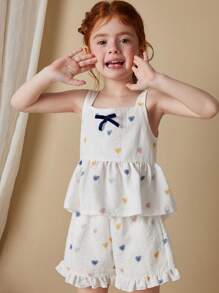 Blossori 年轻女孩法式优雅白色底色彩色心形印花短袖上衣和短裤两件套，春夏