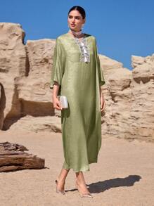 Al Najma Bohemian Fringe Embroidered Loose Women Tunic & Arabian Traditional Maxi Dress Kaftan Jalabiya Dress - Green - View 2