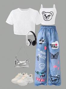 SHEIN 3pcs Tween Girls Mesh T-Shirt & Bear Graphic Tank Top & Denim Print Pants Set