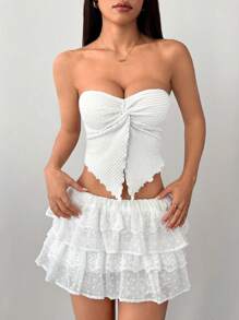 SHEIN PETITE Áo ba lỗ dệt kim họa tiết màu mơ cho kỳ nghỉ của phụ nữ với viền xoắn bất đối xứng - trắng - Xem 4