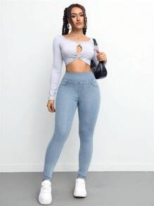 SHEIN ICON 女士牛仔裤 性感弹力裤 蓝色 女式高腰牛仔裤 牛仔裤 瑜伽裤 喇叭裤 保暖女式紧身裤 女式紧身裤 女式紧身裤 保暖女式紧身裤 女式紧身裤 女式高腰裤 - 淺色水洗藍 - 查看 6