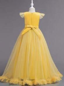 SHEIN 长款花朵刺绣拼布设计欧美风格花童晚礼服，女童无袖刺绣长裙，适合婚礼派对和表演 - 黃色 - 查看 2