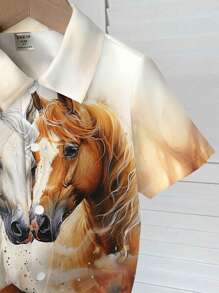 SHEIN Fine Horse, White Horse, Brown Horse, Young Boys Casual Loose Comfortable Daily Wear Short Sleeve Shirt, Suitable For Spring And Summer
