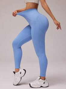 Easithlete 1pc Seamless Knitting Stretch Blue Leggings, Slim Fit & Lift Butt, Yoga & Workout - Blue - View 6