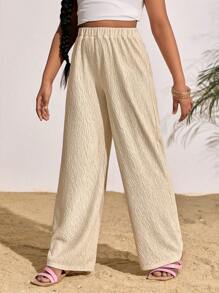 SHEIN Tween Girls Casual Solid Color Straight Leg Pants - Apricot - View 3