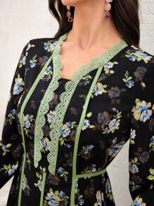 Al Najma Arabic Style Women Spring/Summer Contrast Color Ruffle Trim Bell Sleeve Dress,Modest - Black - View 4