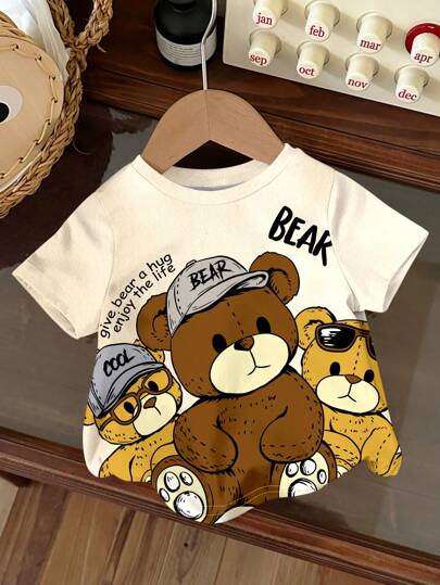 SHEIN Camiseta de manga corta suelta de cuello redondo con gráfico de oso de dibujos animados minimalista casual para bebé niño, adecuada para verano