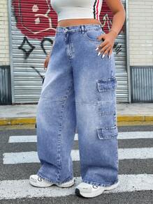 SHEIN ICON Plus Size Front Button Plain Casual Washed Cargo Boyfriend Jeans With Multiple Pockets - Medium Wash - View 5
