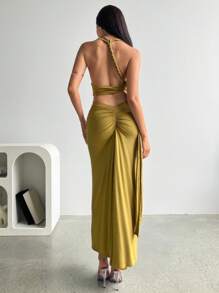 Aloruh 女士优雅性感深 V 领口细节褶皱露背裙 2 件套，橄榄色，海滩度假夏季女装两件套女士度假装女士海滩装女士度假装 - 橄欖綠 - 查看 5