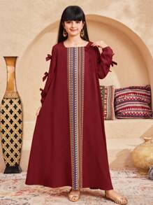 SHEIN Tween Girls' Patchwork Retro Print Loose Casual Square Neck Long Sleeve Dress