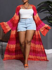 Slaydiva Plus Size Summer Holiday Contrast-Color Crochet Hollow-Out Long Cardigan In Fall/Winter - Multicolor - View 5