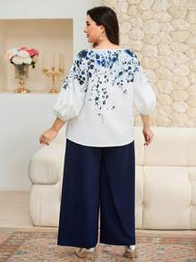 Modelyn 2pcs/Set Plus Size Round Neck Lantern Sleeve Floral Top And Crystal Waist Belt Wide Leg Long Pants - Multicolor - View 4
