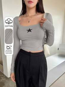 DAZY Star Print Scoop Neck Crop Tee Y2k Festival