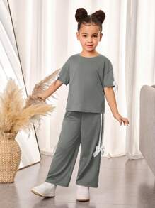 2pcs/Set Young Girl Plain Knit Round Neck Loose T-Shirt And Relaxed Fit Pants - Grey - View 5