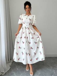 Modelyn A-Line Waist Cinching Floral Print Short Sleeve Dress, Spring/Summer - Red - View 4