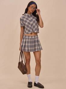 MUSERA 格纹优雅休闲可爱迷你裙，百褶设计，甜美可爱 - 彩色 - 查看 1