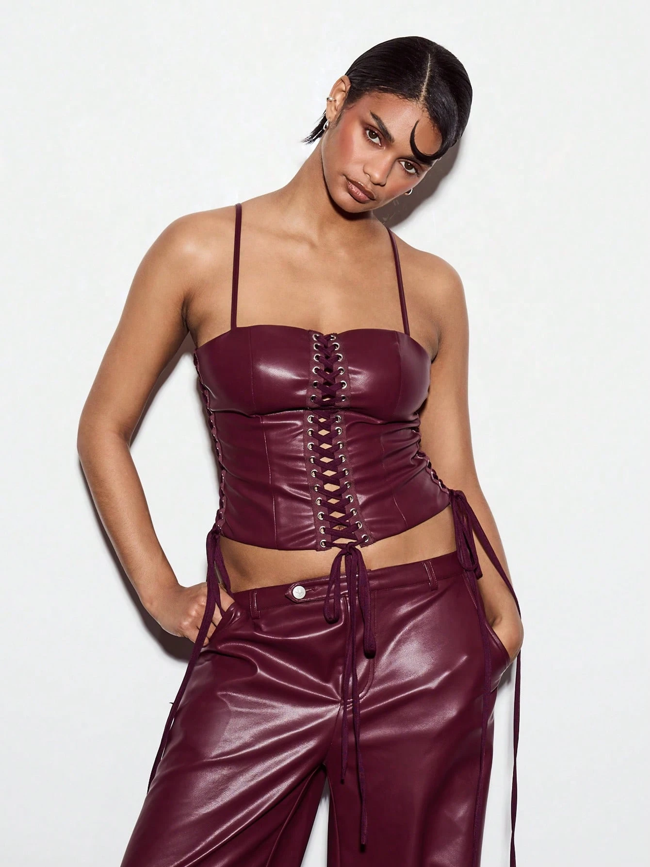 KIZN Faux Leather Lace Up Corset Top