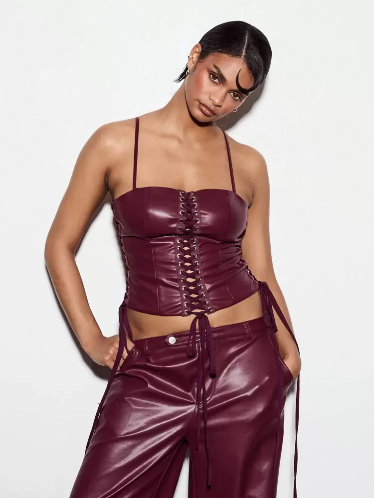 KIZN Faux Leather Lace Up Corset Top