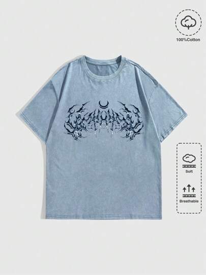 Goth Men's Casual Washed Print Crew Neck Short Sleeve T-Shirt