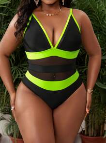 SHEIN Swim Curve 大码女式时尚休闲运动拼色网眼连体泳衣、沙滩装