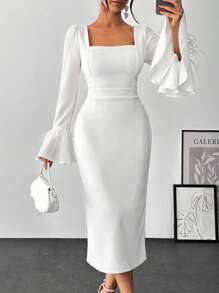 EURMUSE Elegant Style, Square Neck Flare Sleeve With Feather Detailed Midi Dress
