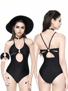 ROMWE Women's Metal Spider Pendant Backless Goth Streetwear Spaghetti Strap One-Piece Swimsuit, Ideal For Holiday Beach, Night Club, Music Festival & Party, For Summer Beach Vacation - Black - View 1