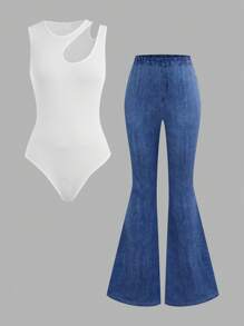 2Pcs/Set For Teen Girl,White Hollow Sleeveless Bodysuit And Flared Long Pants,90s Summer Casual Clothes Suitable For Holiday,School And Outdoor - Multicolor - View 11