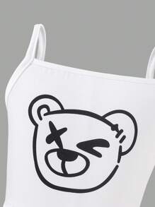 SHEIN 3pcs Tween Girls Mesh T-Shirt & Bear Graphic Tank Top & Denim Print Pants Set