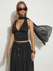 COSMINA Women's Solid Deep V Sexy Cropped Fitted Fashion Tank Top, Elegant Occasion Wear - Black - View 4