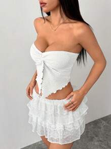 SHEIN PETITE Áo ba lỗ dệt kim họa tiết màu mơ cho kỳ nghỉ của phụ nữ với viền xoắn bất đối xứng - trắng - Xem 5