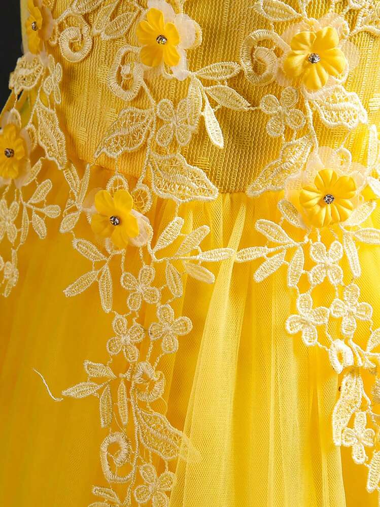SHEIN 长款花朵刺绣拼布设计欧美风格花童晚礼服，女童无袖刺绣长裙，适合婚礼派对和表演 - 黃色 - 查看 7