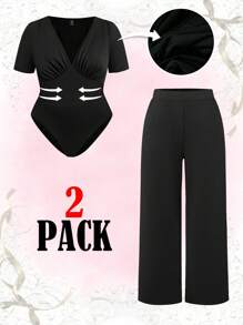 Flirla 2pcs Set: Plus Size Solid Color Short Sleeve V-Neck Bodysuit And Elastic Waist Long Pants - Black - View 1