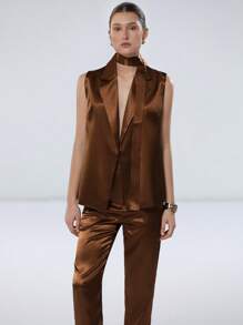 Aveloria Modichic Women's Satin-Trimmed Lapel Sleeveless Blazer Vest With Belt & Suit Pants Co-Ord Set, Elegant Luxury Commuting & Versatile Style