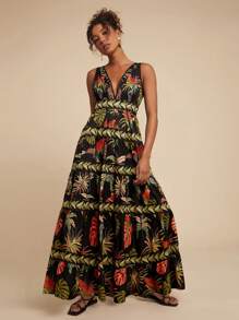 Travachic Đầm dài ôm cổ chữ V in họa tiết dệt cho nữ - màu đen - Xem 4