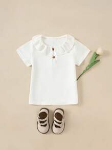 SHEIN Girl's French Sweet Style T-Shirt, White Short Sleeve Top With Waffle Ruffled Collar Half-Button Design, Casual Minimalist Daily Wear - White - View 2