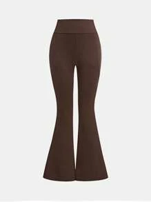 SHEIN Pantalones de yoga con campana para niñas preadolescentes, de cintura alta, ajuste ceñido, elásticos, casuales y versátiles con bolsillo parche