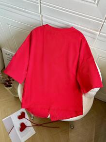 SHEIN Tween Girls' Oversized Cute Round Neck Pullover Split Ruffle Hem Short Sleeve T-Shirt
