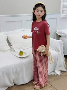 Dazy Kids 2pcs/Set Tween Girl Round Neck Short Sleeve Bear Print T-Shirt + Woven Plaid Pants, Spring/Summer - Red - View 4