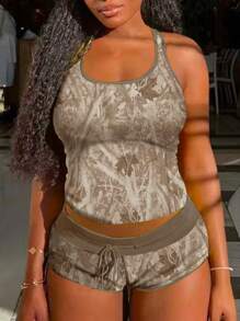 INAWLY Set de 2 piezas de camiseta y shorts casuales con estampado de ramitas, ajustado a la figura, para mujer