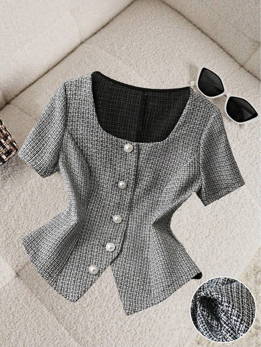 Franclia Women's Elegant Textured Metal Button Short Sleeve Shirt - Black and White - View 1