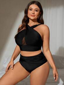 Swim Lushoire Elegant Vacation Cross Neck Adjustable Mesh Splicing Plus Size Swimwear Set - Black - View 6