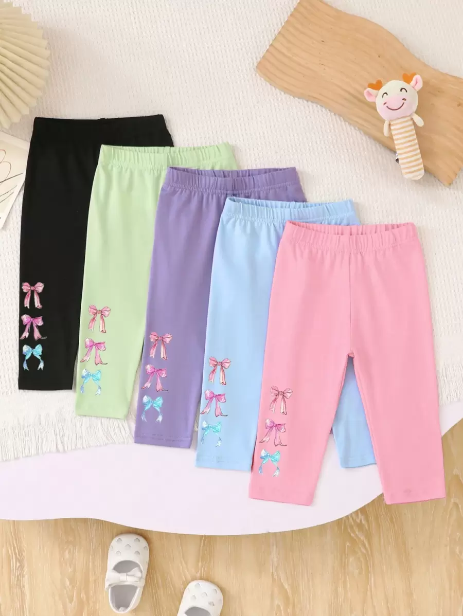 5pcs Baby Girl Bow Pattern Printed Comfortable Leggings, Versatile Casual Daily Wear, Spring/Summer/Autumn