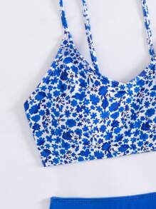 Tween Girl Ditsy Floral Bikini Set, Vacation/Summer - Royal Blue - View 3