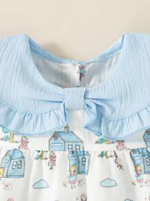 SHEIN Girls' Summer New Arrival Print Bow Solid Color Collar Back Opening Loose Casual Cute Blouse