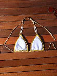 SHEIN Swim SXY Top de bikini halter con escote en la espalda, adorno de perlas y tirantes para mujer, sexy