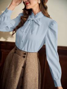 Vintamour Plus Size Women's Spring And Autumn Fashion Elegant Comfortable Daily Loose Retro Blue Long Sleeve Button Shirt,Women Blouse,Teacher Clothes,Office Tops,Curve Shirt,Business Casual Woman,Work Clothes Women,Long Sleeve Tops - Baby Blue - View 1