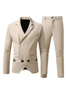 Calvornis Plus Size Men Full Zip Front Jacket And Long Pants Suit Set, Minimalist - Khaki - View 4